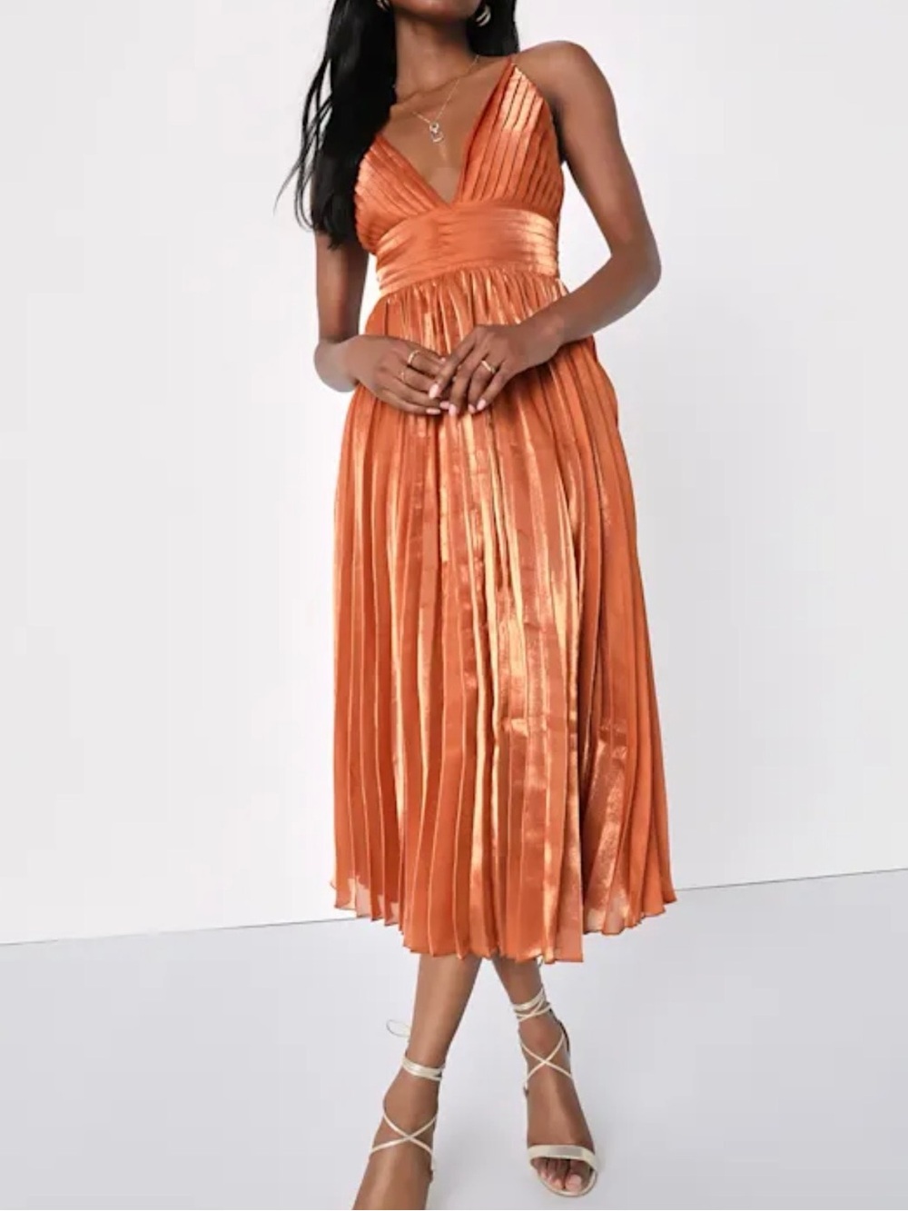 Lulus Romantic Aesthetic Shiny Rust Orange Pleated Midi Dress